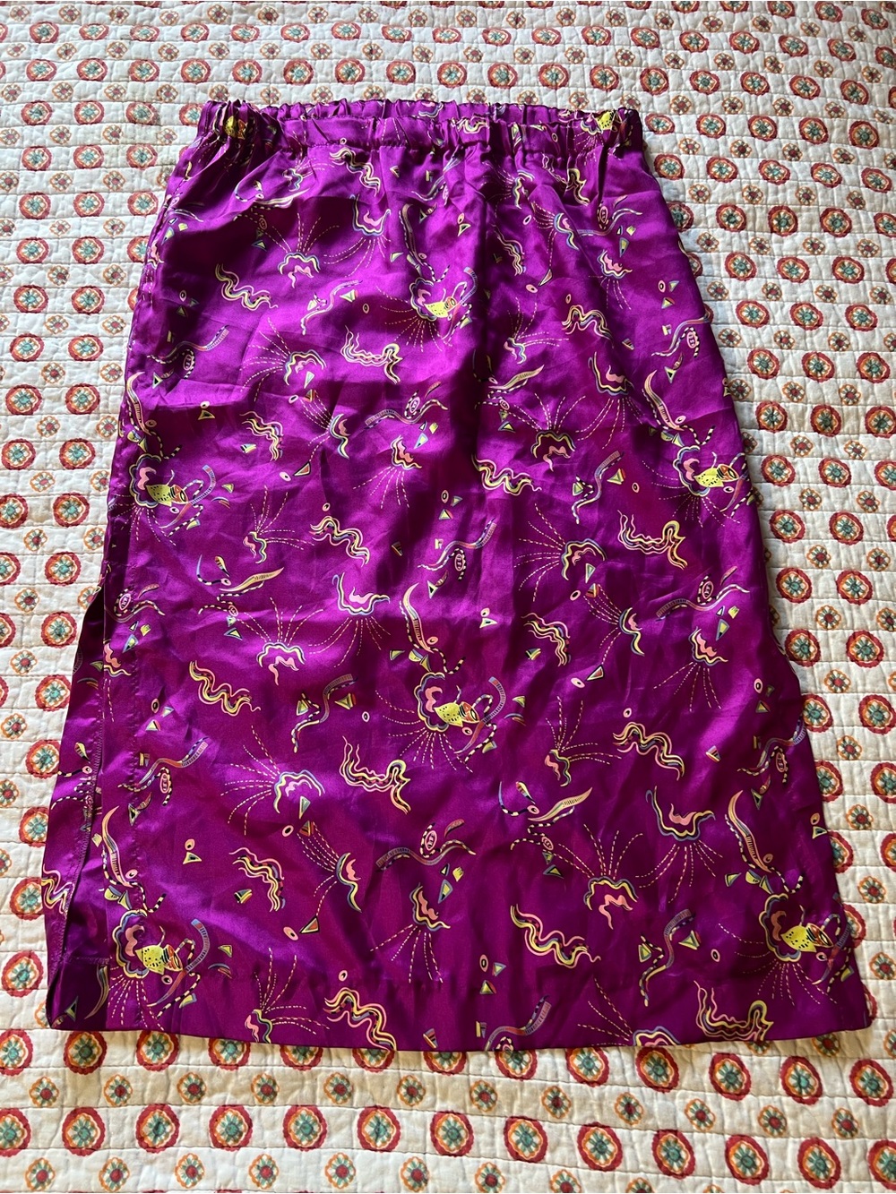 Vintage 80s / 90s 100% Silk Abstract Purple Side Slits Midi Skirt size 10